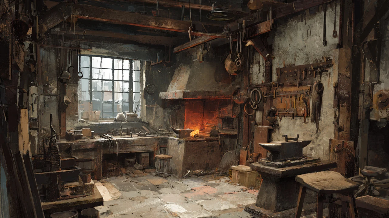 Posed image of a blacksmith workshop with a forge, anvil, and window